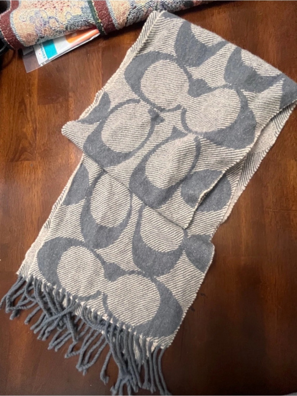 Coach Gray Classic Signature Jacquard Fringe Scarf